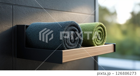 Modern bathroom shelf with two neatly rolled towels (dark blue and green) inside a sleek, minimalist bamboo and black rectangular holder. Modern bathroom shelf with two neatly rolled towels (dark blue and green) inside a sleek, minimalist bamboo and black rectangular holder. 126886273