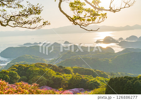 （長崎県）長串山公園　満開のツツジの向こうに北九十九島・夕陽 126886277