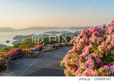 （長崎県）長串山公園　満開のツツジの向こうに北九十九島・夕陽 126886307