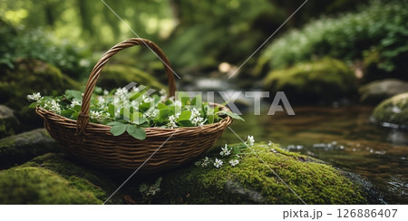 A woven wicker basket filled with fresh green leaves and white wildflowers, resting on moss-covered rocks beside a small forest stream. A woven wicker basket filled with fresh green leaves and white wildflowers, resting on moss-covered rocks beside a small forest stream. 126886407