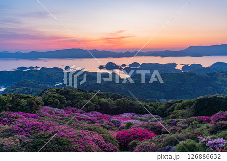(長崎県)長串山公園 満開のツツジの向こうに北九十九島・夕陽 (長崎県)長串山公園 満開のツツジの向こうに北九十九島・夕陽 126886632