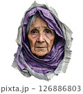 Elderly woman wearing purple scarf made of newspaper with wrinkles 126886803