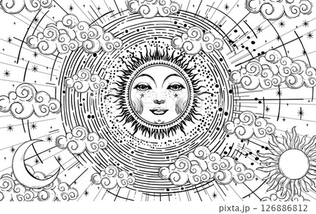 Mystical astrological coloring book for adults moon with face, linear hand drawing of universe, vector esoteric poster of zodiac, horoscope, tarot. 126886812