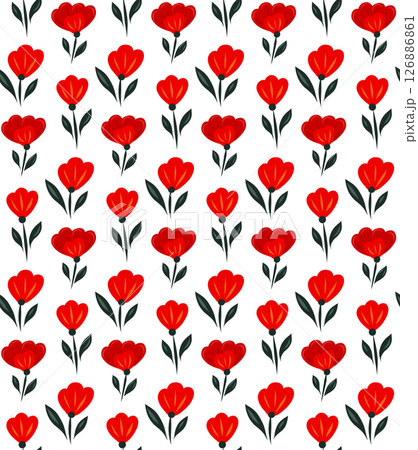 Vector ditsy pattern with red poppies in a row on a white background. Decorative rustic floral texture in folk art style 126886861