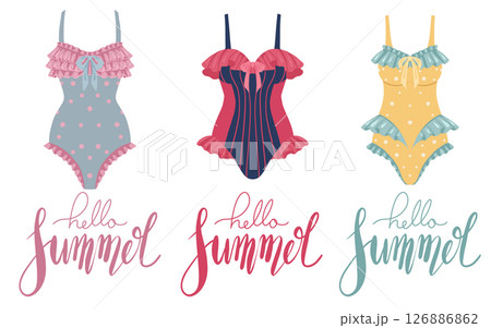 Hello summer. Vector set of retro swimsuit clip art and lettering quotes. Vacation and resort. Hello summer. Vector set of retro swimsuit clip art and lettering quotes. Vacation and resort. 126886862