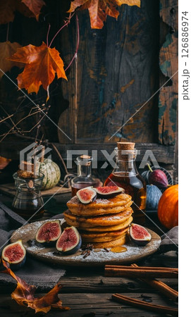 Stack of pancakes topped with fresh figs and syrup, styled with pumpkins, cinnamon, and fall leaves in a rustic kitchen.  Stack of pancakes topped with fresh figs and syrup, styled with pumpkins, cinnamon, and fall leaves in a rustic kitchen.  126886974