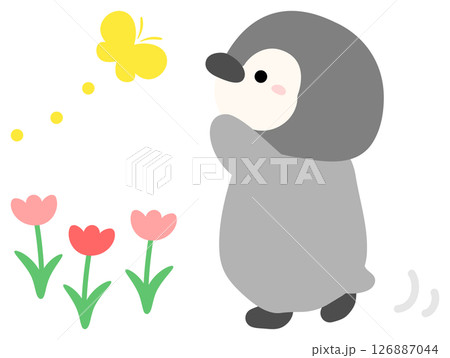 花とちょうちょとペンギン、庭で遊ぶイラスト 花とちょうちょとペンギン、庭で遊ぶイラスト 126887044