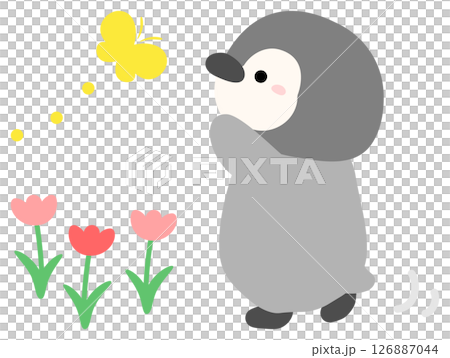 Illustration of flowers, butterflies and penguins playing in the garden 126887044