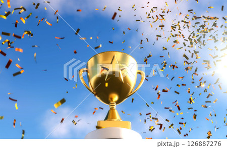 Gold star trophy with confetti explosion Gold star trophy with confetti explosion 126887276