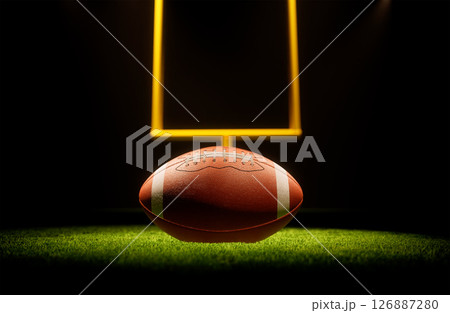Rugby ball with rugby posts on field Rugby ball with rugby posts on field 126887280