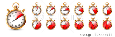Realistic classic stopwatch. Shiny golden metal chronometer, time counter with dial. Red countdown timer showing minutes and seconds. Time measurement for sport, start, finish. Vector illustration 126887511