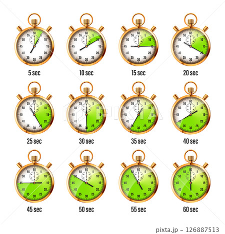 Realistic classic stopwatch. Shiny golden metal chronometer, time counter with dial. Green countdown timer showing minutes and seconds. Time measurement for sport, start, finish. Vector illustration 126887513