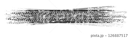 Grunge tire tracks with mud splatters, dirty wheel braking marks. Truck, car, or motorcycle tread pattern silhouettes. Perfect for off-road, motorsport, and racing designs. Vector illustration 126887517