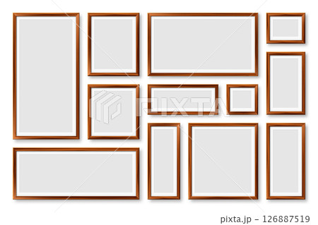 Realistic blank wooden picture frames collection. Modern poster mockup for artwork, photography, or advertising. Perfect for art galleries, interior decor, and branding. Vector illustration Realistic blank wooden picture frames collection. Modern poster mockup for artwork, photography, or advertising. Perfect for art galleries, interior decor, and branding. Vector illustration 126887519