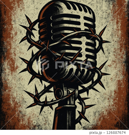 Stylized retro microphone bound with thorny wire in graphic novel style Stylized retro microphone bound with thorny wire in graphic novel style 126887674
