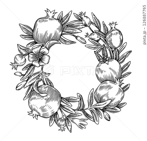 Wreath of pomegranate fruits and leaves. Vector illustration in sketch style, engraving. 126887765