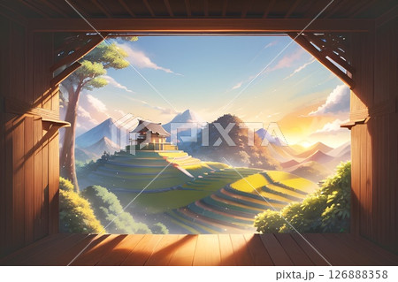 ゲーム背景　棚田の山の上にあるアジアの家	 126888358