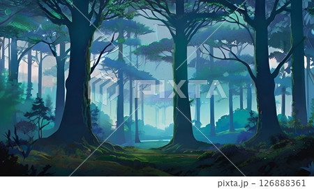 ゲーム背景　夜明け前のたくさんの木が並ぶ森の風景	 126888361