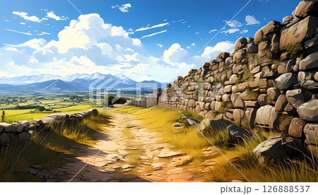 ゲーム背景　古代遺跡の壁がある田舎の道路 126888537