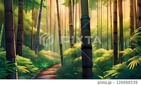 ゲーム背景　竹がある中国庭園風の道 126888539