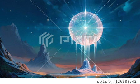 ゲーム背景　異世界惑星の夜と謎の明かりがある風景 126888542