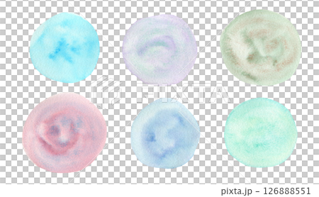 Playful set of textured bright granulated gradient blue, green, pink and purple watercolor painting round shapes. Hand painted watercolour circles for banner design, greeting cards, sticker design 126888551