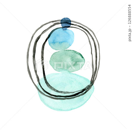 Abstract hand painting watercolor blue, turquoise and green geometric balance shapes and lines composition. Textured oval stones pyramid and black circles for spa social media design, harmony poster 126888554