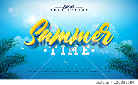 Summer Time 3D Text Effect Design Editable and Scalable Vector Graphic Style Effect with Typography Lettering and Shadow on Blue Cloudy Sky Background. Premium Illustration Template With Tropical Palm Summer Time 3D Text Effect Design Editable and Scalable Vector Graphic Style Effect with Typography Lettering and Shadow on Blue Cloudy Sky Background. Premium Illustration Template With Tropical Palm 126888594