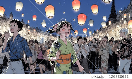 縁日屋台が立ち並び、賑わいを見せる祭りの夜