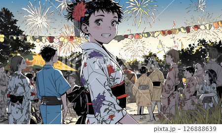 縁日屋台が立ち並び、賑わいを見せる祭りの夜
