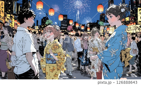 縁日屋台が立ち並び、賑わいを見せる祭りの夜 126888643