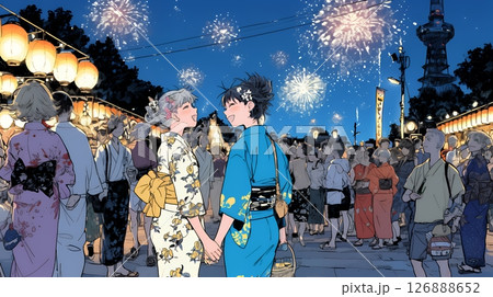 縁日屋台が立ち並び、賑わいを見せる祭りの夜 126888652