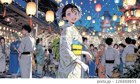 縁日屋台が立ち並び、賑わいを見せる祭りの夜