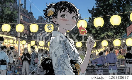 縁日屋台が立ち並び、賑わいを見せる祭りの夜
