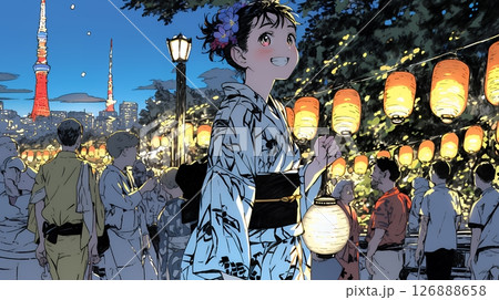 縁日屋台が立ち並び、賑わいを見せる祭りの夜