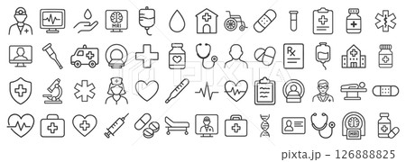 Healthcare hand drawn style icon symbol set. Medical Line Drawing icons collection. Hospital doctor logo pack. Vector illustration image. Isolated on white background. 126888825