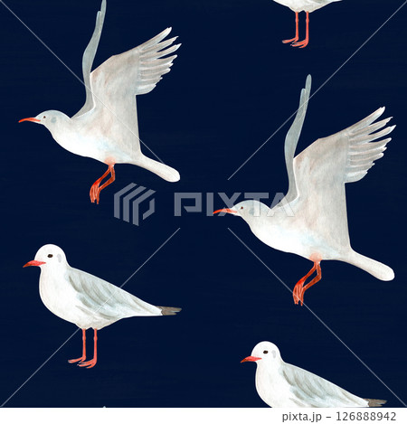 Flying and standing seagulls watercolor seamless pattern isolated on black. Hand-drawn clip art for cards, stationary, scrapbooking, wrapping paper, sea tourism products, dishes, fabric decor design Flying and standing seagulls watercolor seamless pattern isolated on black. Hand-drawn clip art for cards, stationary, scrapbooking, wrapping paper, sea tourism products, dishes, fabric decor design 126888942