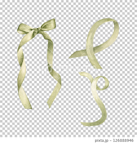Set of green ribbons bow, loop, and curl. Hand-painted watercolor illustration isolated on white. Perfect for cancer awareness, wedding stationery, eco branding, health campaigns, charity designs 126888946