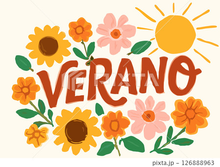 Summer poster in childish naive style. Word summer in spanish language surrounded with flowers under sun 126888963