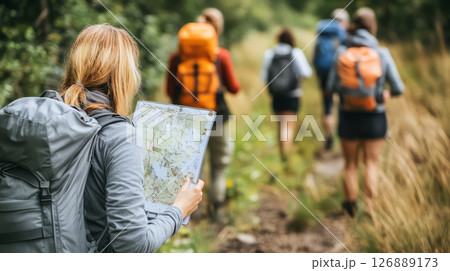 group of hikers exploring nature with map in hand, enjoying outdoors 126889173