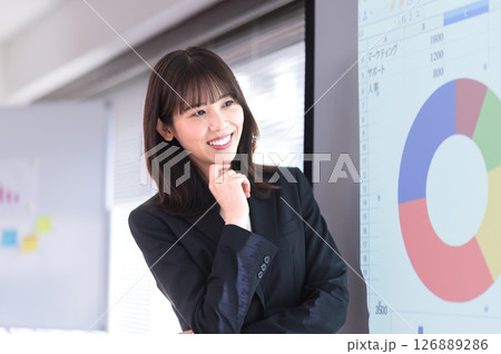 プレゼン内容を確認し合うスーツ姿の若い男女 126889286