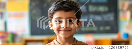 A cheerful 10-year-old Hindu boy smiles brightly while participating in a classroom full of fellow students. The atmosphere is lively and encouraging as they engage in learning, banner 126889792