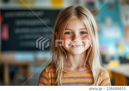 A Scandinavian girl, about 10 years old, smiles brightly in a classroom filled with colorful notes and a chalkboard in the background, creating a cheerful atmosphere for learning A Scandinavian girl, about 10 years old, smiles brightly in a classroom filled with colorful notes and a chalkboard in the background, creating a cheerful atmosphere for learning 126889833
