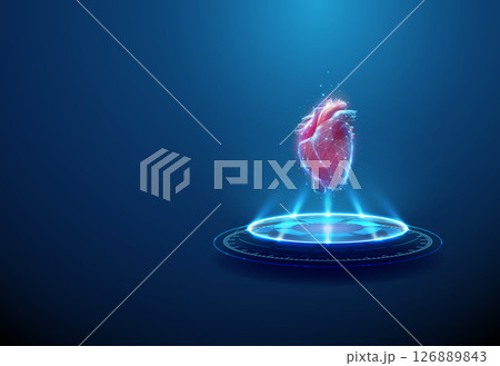 Heart on futuristic podium with neon lighting, light beams. Cardiology, artificial heart, medical technology, biotech innovation, digital health concept. Heart on futuristic podium with neon lighting, light beams. Cardiology, artificial heart, medical technology, biotech innovation, digital health concept. 126889843