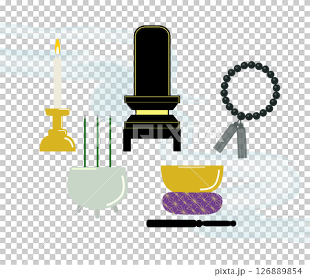 Illustration of a set of Buddhist altar implements 126889854