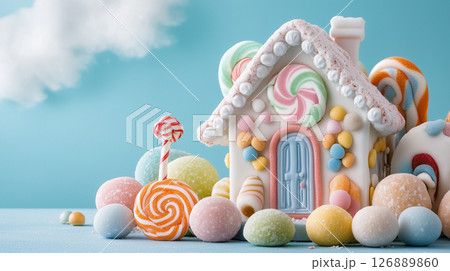 Gingerbread house surrounded by colorful candy for festive decoration Gingerbread house surrounded by colorful candy for festive decoration 126889860
