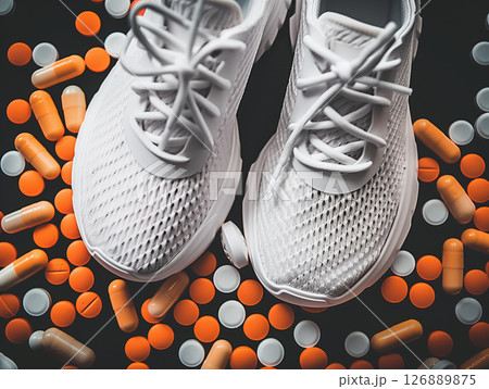 White sports shoes on a bunch of pills in the black background. Doping use in sport concept 126889875