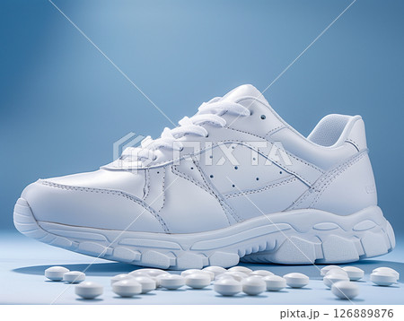 Sports shoes near a bunch of pills in the light blue background. Drugs use in sport concept 126889876