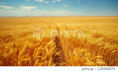 Field of golden wheat with a path through it, clear blue sky, and shining sun 126889879