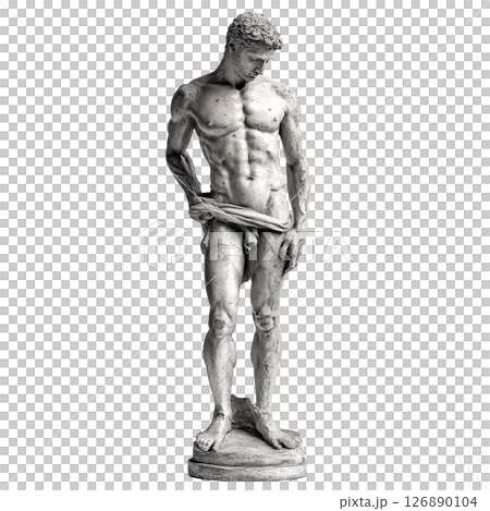 Full body statue of a naked young man slightly draped with a cloth, looking down. 126890104